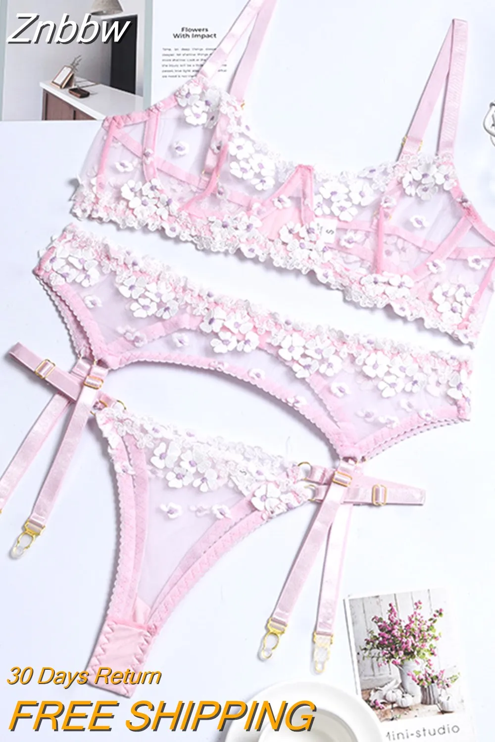 Znbbw Applique Women's Underwear Lingerie Set Sexy Underwear Set Bra with Bones 3 Piece Set Transparent Exotic Lingerie Sexy - Image 3