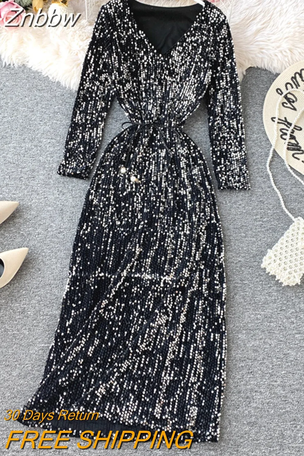 Znbbw Women's Party Dress Long-sleeved Dress New Sequin Temperament Banquet Host Elegant V-neck Waist Lacing Dress Sexy Dress Y454 - Image 10