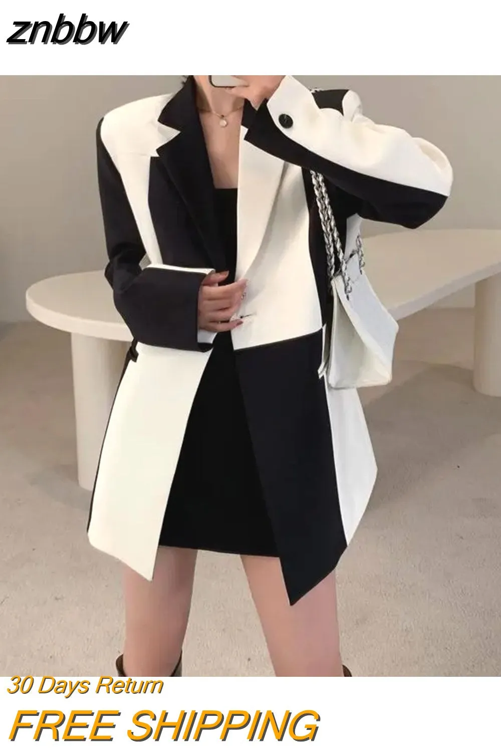 znbbw 2023 Herfst Oversize Volledige Mouw Vrouwen Lange Blazer Kantoor Dame Zwart Wit Patchwork Pak Blazer Werk Vrouwelijke Kleding Jas - Image 2