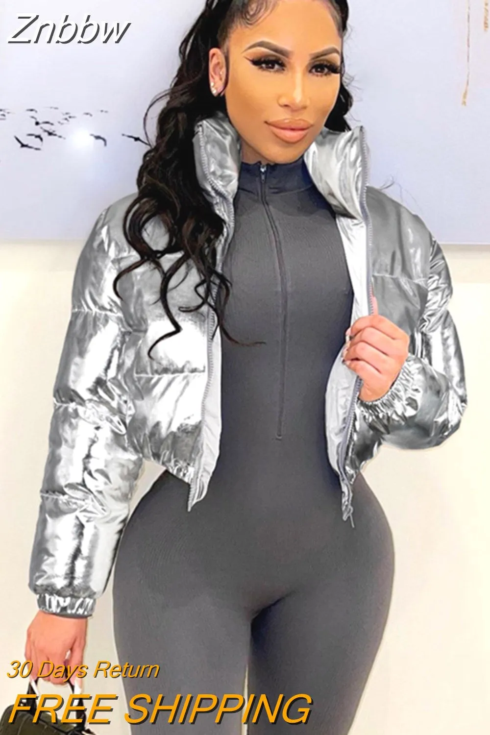 Znbbw Silver Metallic Y2K Fashion Parkas Winter Clothes Women Stand Collar Crop Puffer Jacket Streetwear Warm Thicken Coats