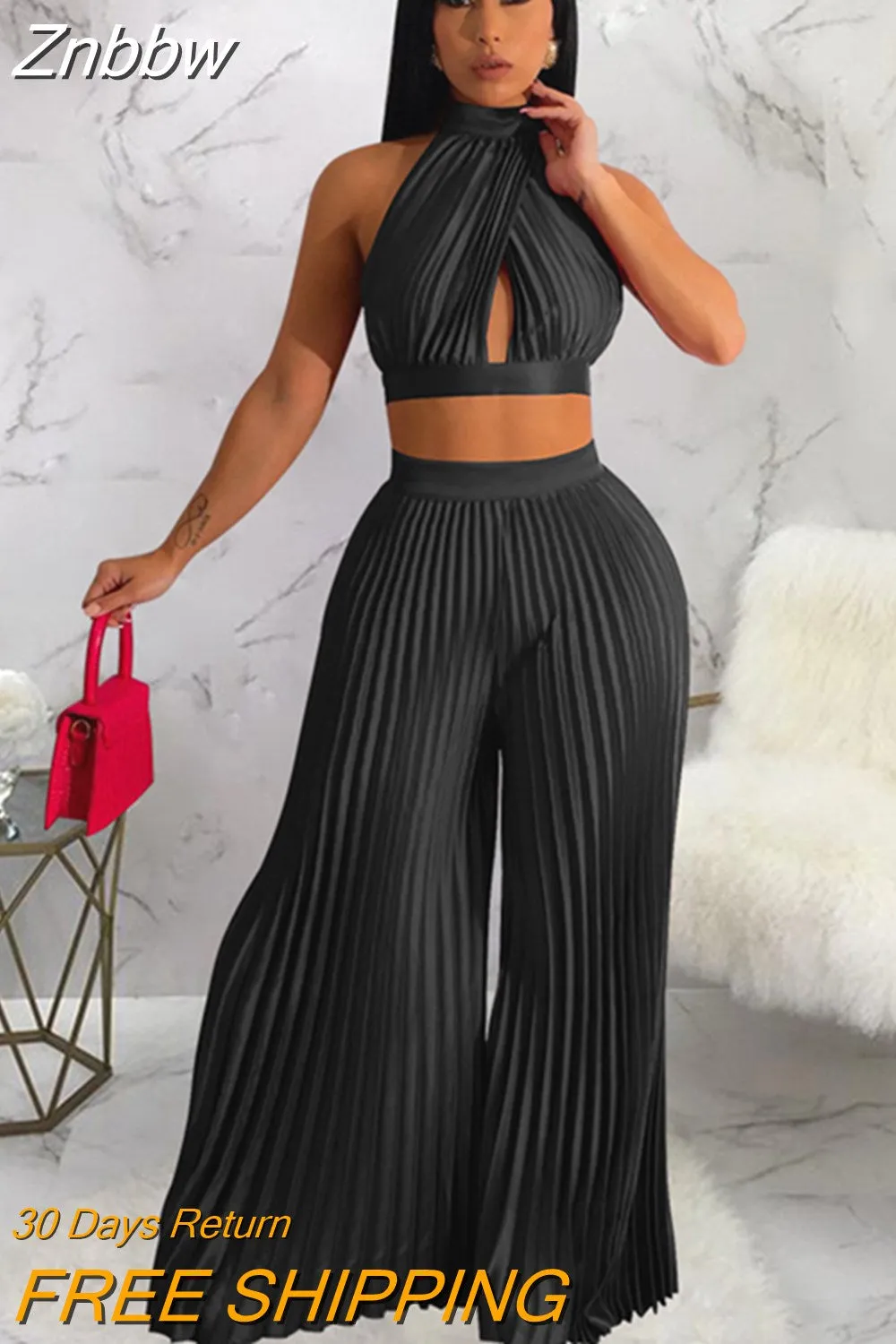 Znbbw Women Pleated Halter Lace Up Sleeveless Pant Suits 2023 Summer New Party Outfits Lady Fashion Top Wide Leg Pants Two Piece Set - Image 7