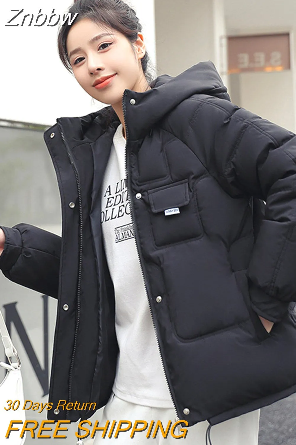 Znbbw Women Down Jacket 2023 Hit Winter New Thick Warm Cotton Down Padded Jacket Casual Sweety Solid Color Hooded Coat Jackets Outwear - Image 8