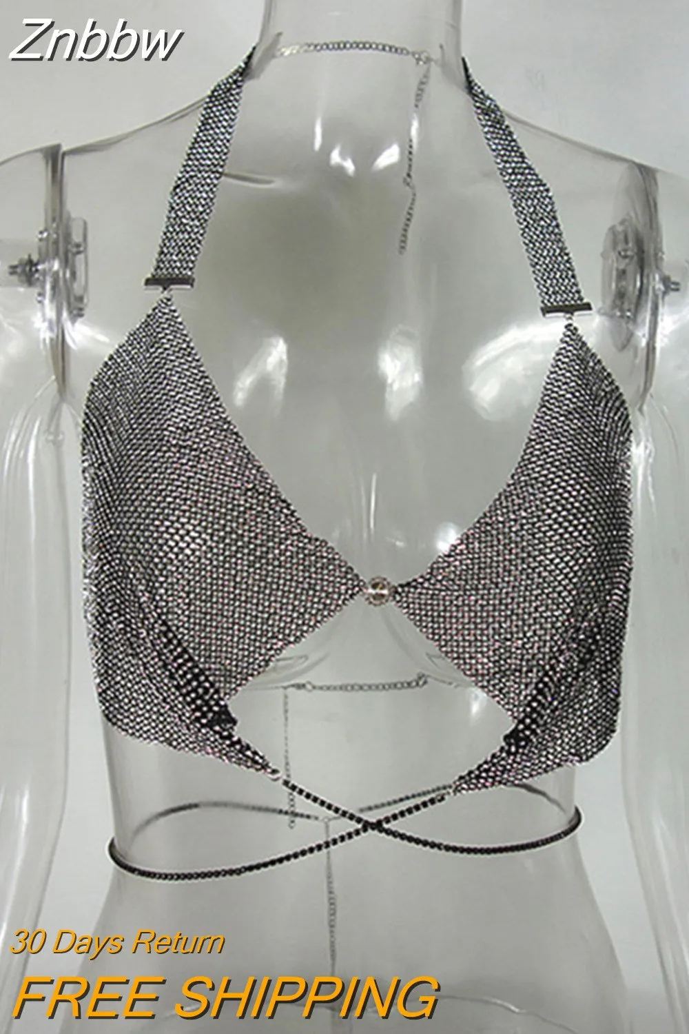 Znbbw 2023 Summer Crop Top Sexy Camisoles Women V-neck Crystal t-shirt Halter Tops Backless Bustier Metal Tank Top bts - Image 6