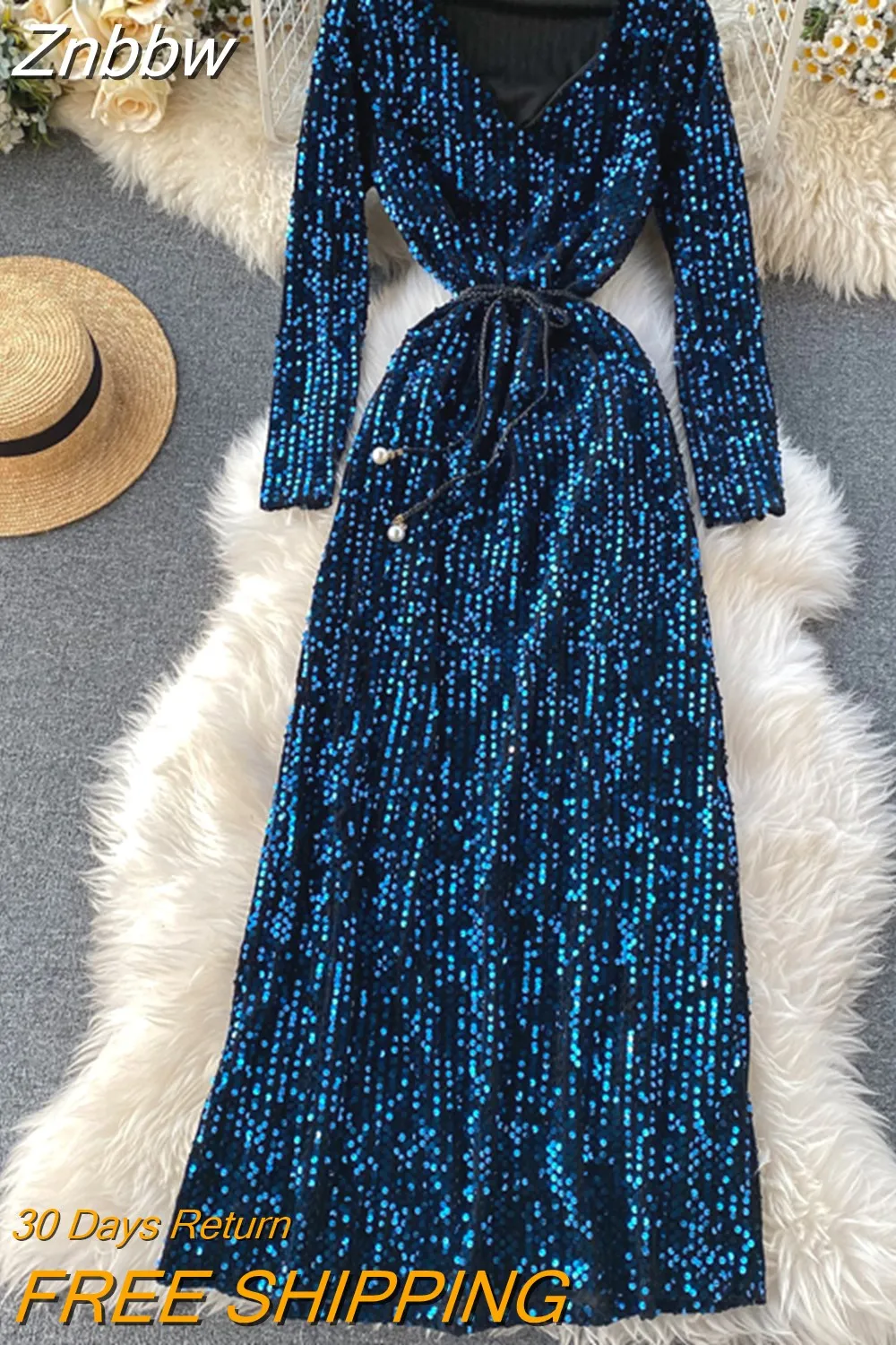 Znbbw Women's Party Dress Long-sleeved Dress New Sequin Temperament Banquet Host Elegant V-neck Waist Lacing Dress Sexy Dress Y454 - Image 5