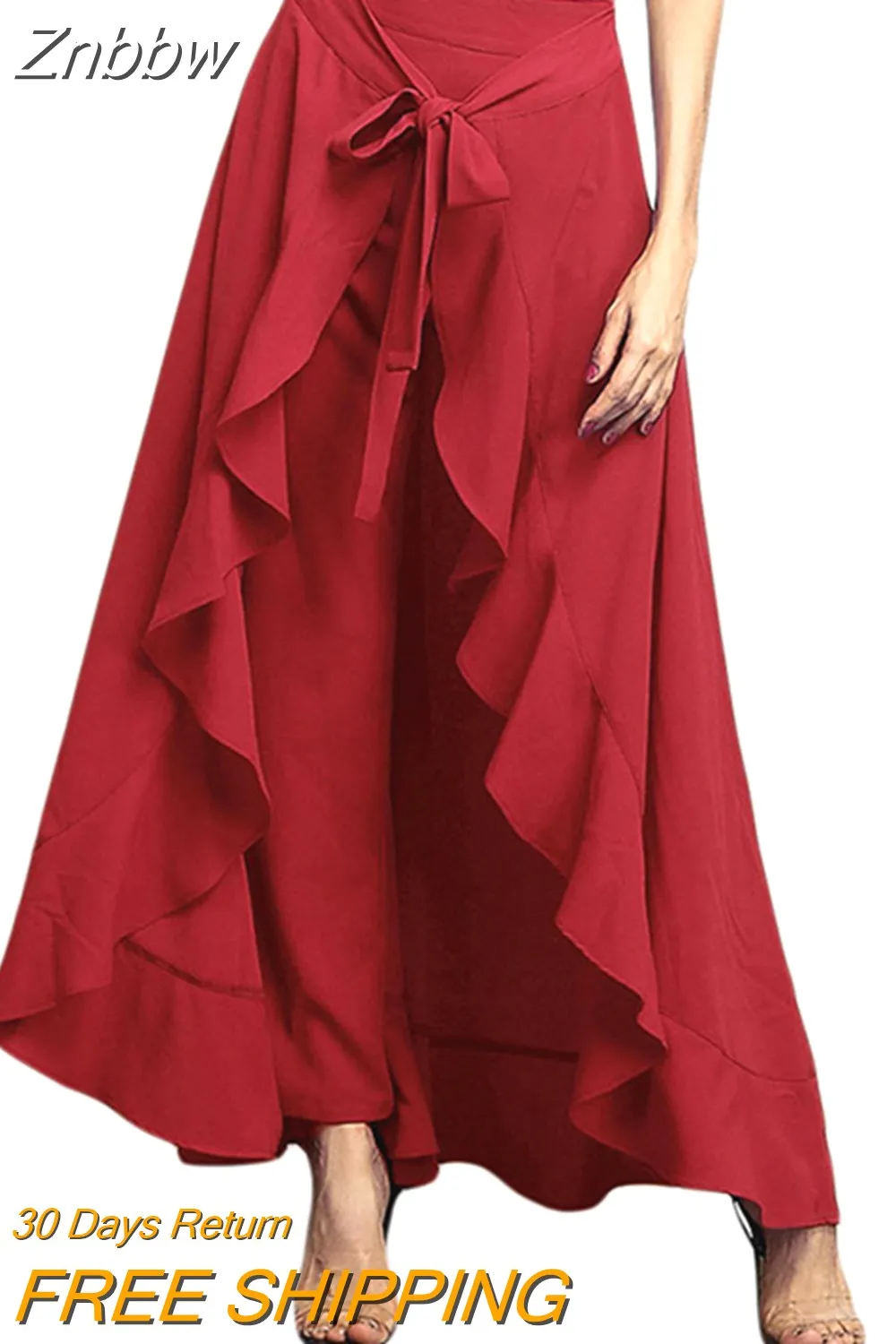 Znbbw Women's Ruffle Palazzo Pants 2023 Summer Casual Solid Color Loose Drawstring Trouser Elegant High Waist Irregular Hem Pant Skirt - Image 3