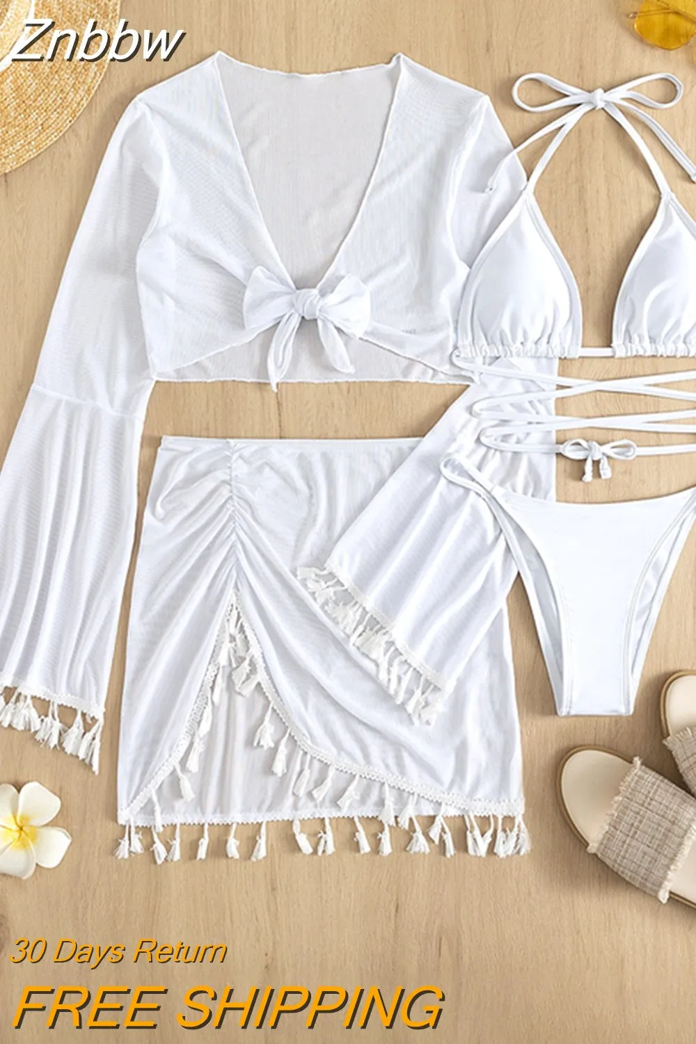 Znbbw 4 Piece Lace Up Bikinis Set Women Swimsuit with Skirt Swimwear 2023 New Female Push Up Bikini Solid Beachwear Bathing Suit - Image 4