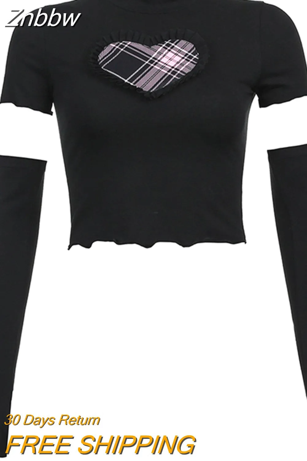 Znbbw Women Girls Sweet Sexy Punk Plaid Heart Patchwork T-Shirts Short Sleeve O Neck Slim Fit Casual Crop Top With Sleeve Streetwear - Image 4