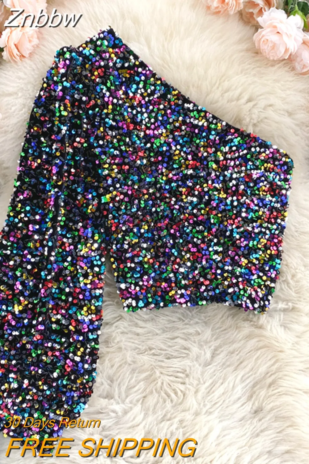Znbbw 2023 New Product Oblique Collar T-shirt Strapless Unilateral Puff Sleeve Slim Fit Short Sequined Top HK102 - Image 7