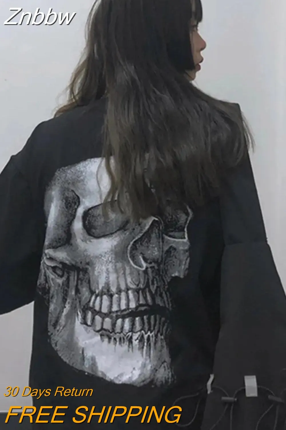Znbbw Women T shirts Korean Skull Print Y2K Black Oversized Tee Shirt Tops Harajuku Grunge Vintage Aesthetic Goth Graphic Punk Clothes - Image 7