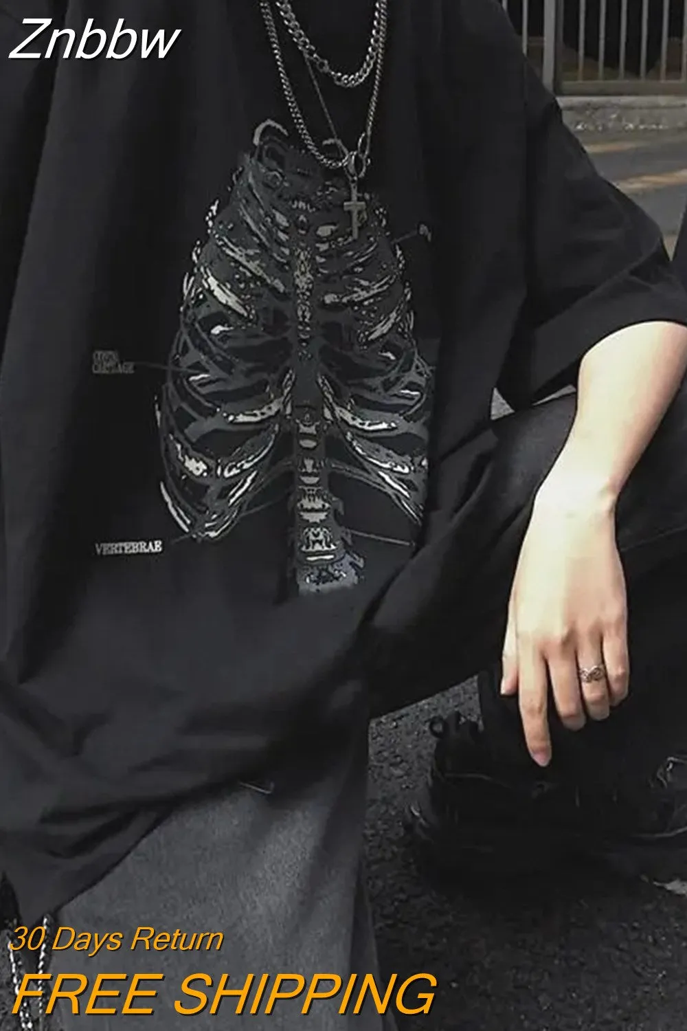 Znbbw Women T shirts Korean Skull Print Y2K Black Oversized Tee Shirt Tops Harajuku Grunge Vintage Aesthetic Goth Graphic Punk Clothes - Image 3