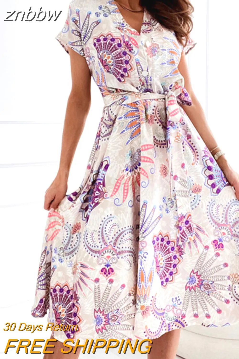 znbbw Women Single-Breasted Party Dress 2023 New Commute Lace-Up Floral Print Dress Office Lady Casual Short Sleeve A-Line Long Dress - Image 2