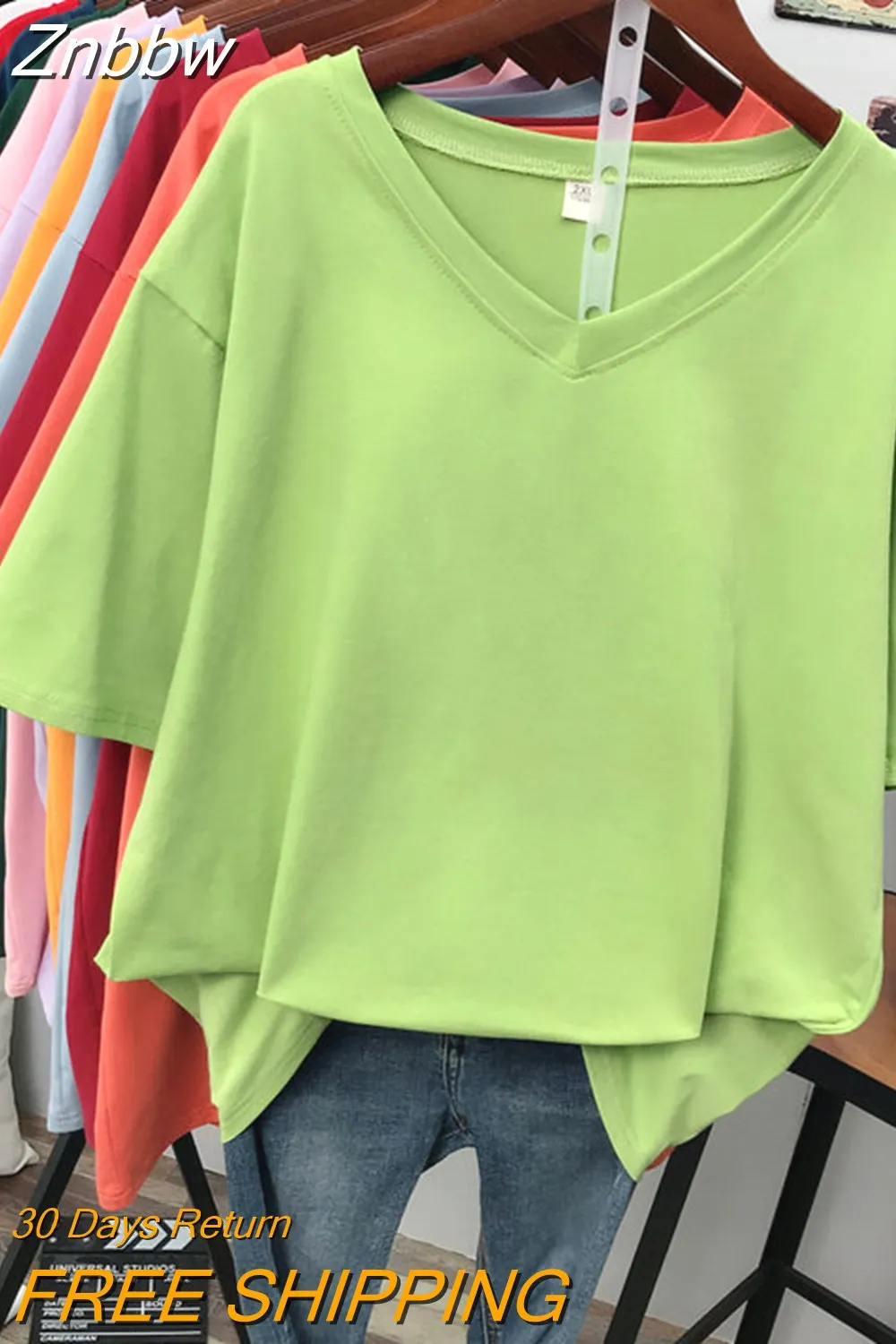 Znbbw 100% Cotton M-6XL T Shirt Solid V Neck Tshirt Short Sleeve Women's Top Basic Summer Couple Oversized T Shirts - Image 2