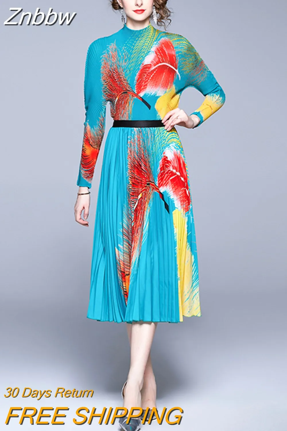 Znbbw Women Vintage Long Sleeve Stretch Printed Tops + High Elastic Waist Pleated Skirt Set Suit Runway 2 Piece Set 2023 Autumn - Image 3