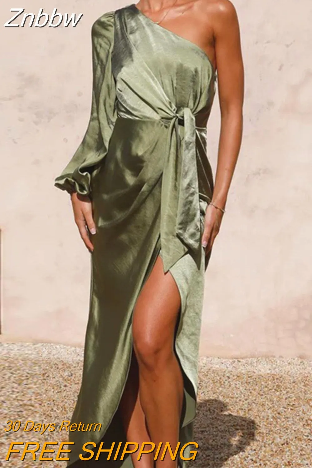 Znbbw Asymmetric Long Dress New Autumn Women's Off Shoulder Lantern Sleeve Party Dress Elegant Lace Up Waist Satin Slim Fit Dress - Image 4