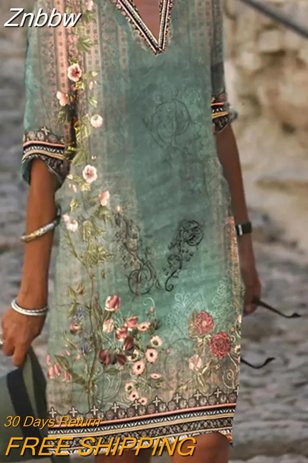 Znbbw Women Retro Floral Print Dresses Summer Elegant Boho Sexy V-Neck Short Sleeve Dresses Female Casual Holiday Midi Dress Vestidos - Image 2