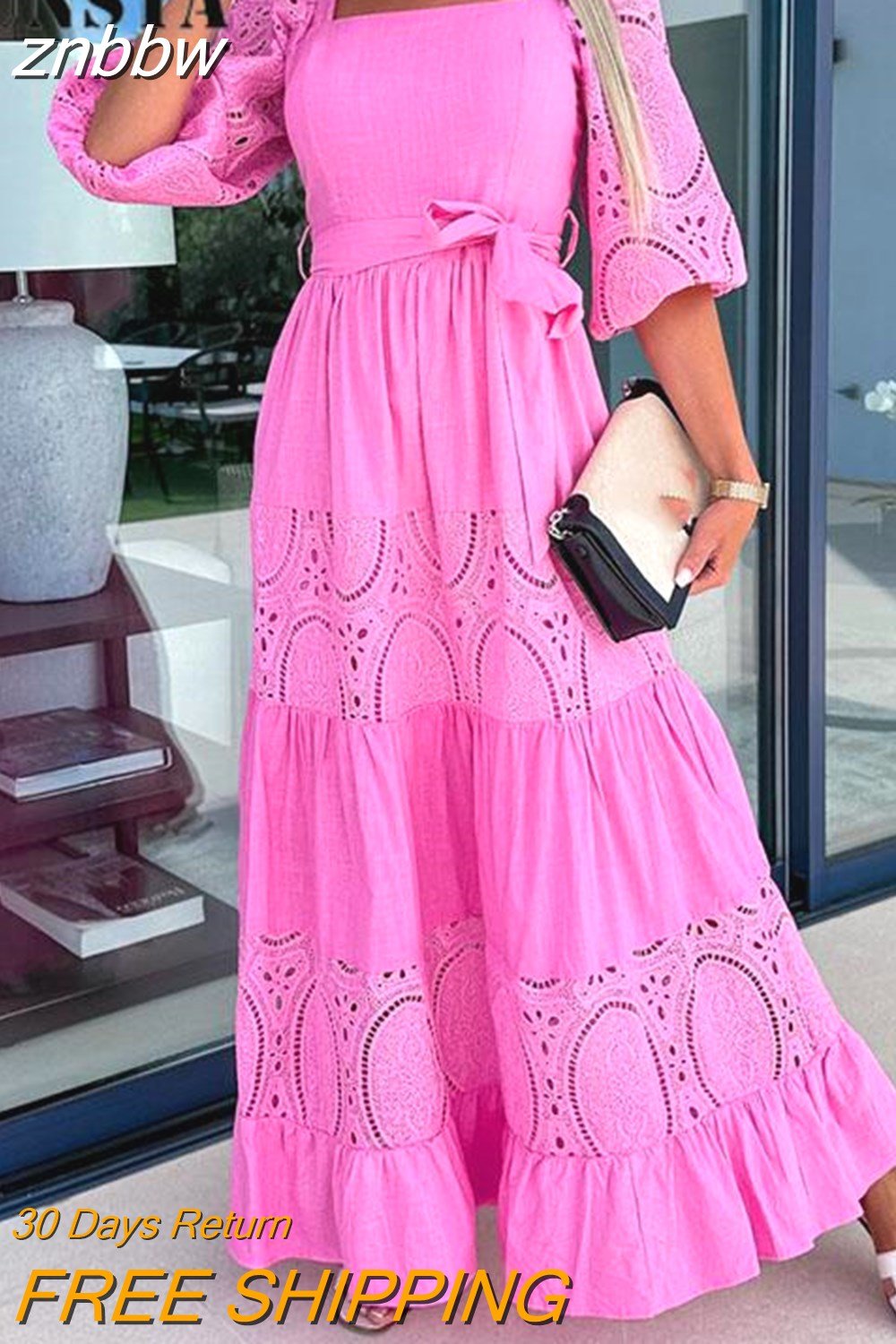 znbbw Women Retro Loose Beach Dress Fashion New Lace Patchwork Ladies Elegant Dress Temperament Square Collar Tie-Up Ruched Maxi Dress