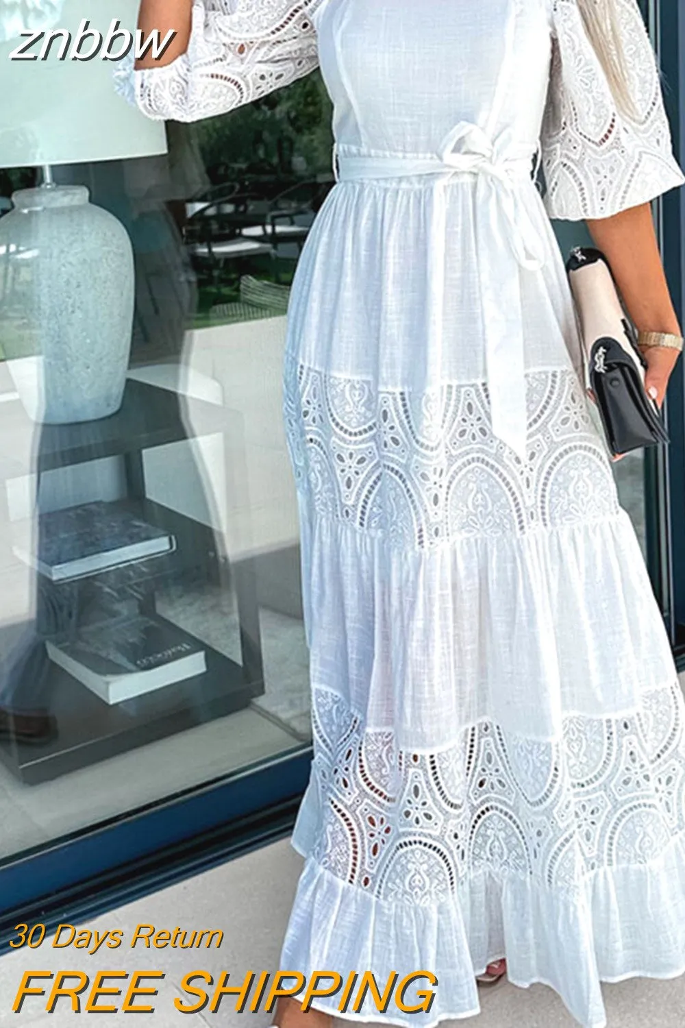 znbbw Women Retro Loose Beach Dress Fashion New Lace Patchwork Ladies Elegant Dress Temperament Square Collar Tie-Up Ruched Maxi Dress 0410 - Image 4