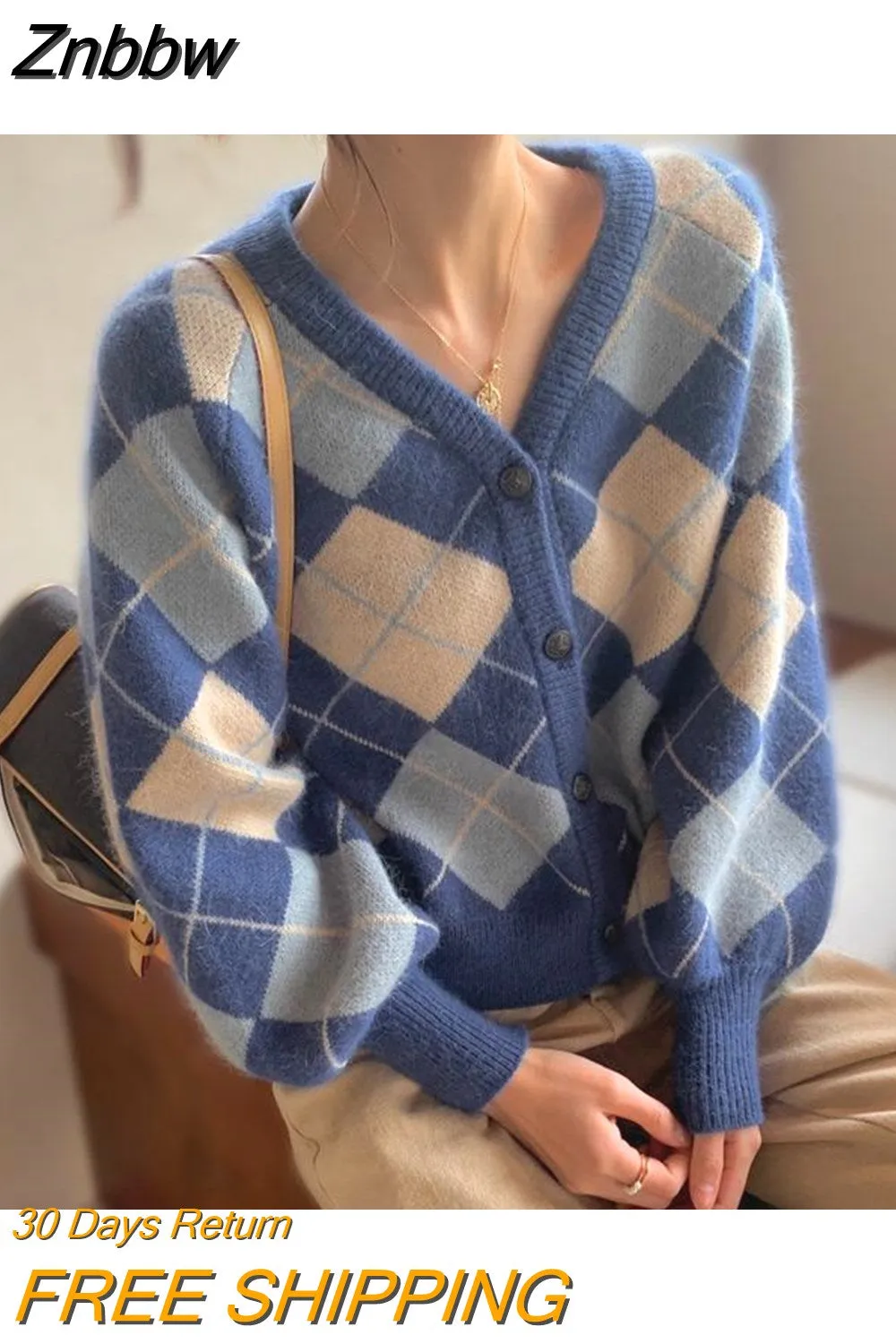 Znbbw Y2K Oversize Women's Knitted Jacket Vintage Argyle Cardigan Sweater Korean Style Plaid Single Breasted Jumper Autumn - Image 3