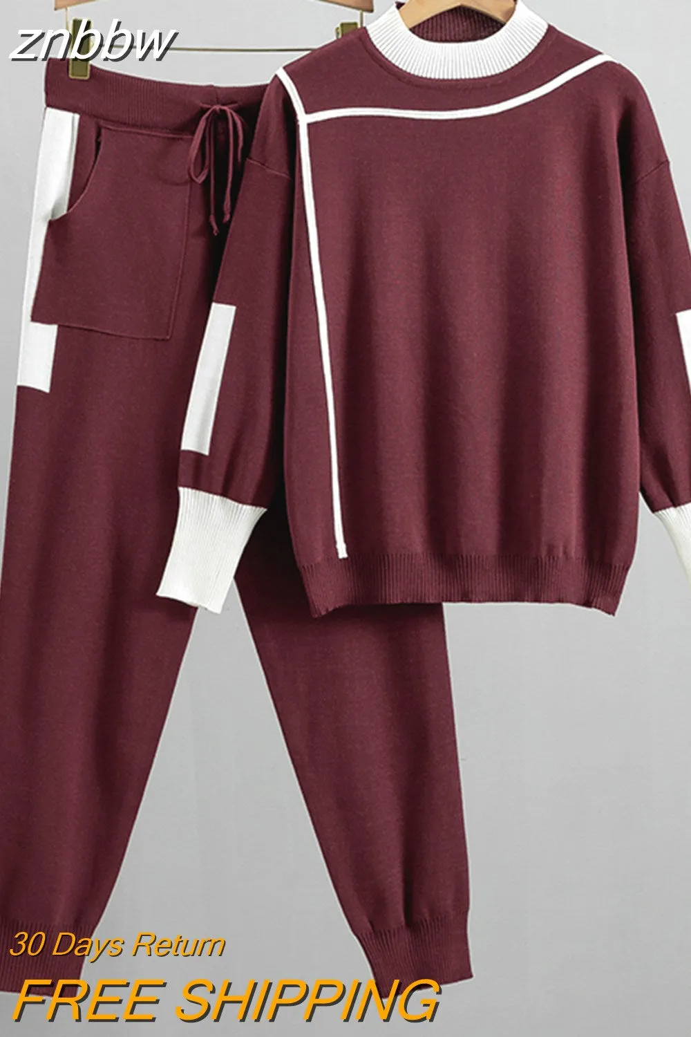 znbbw Autumn Winter 2 Pieces Set Knitted Long Sleeve Pullovers Sweater Casual Patchwork Fashion Women Tops And Pants Suits Spring - Image 2