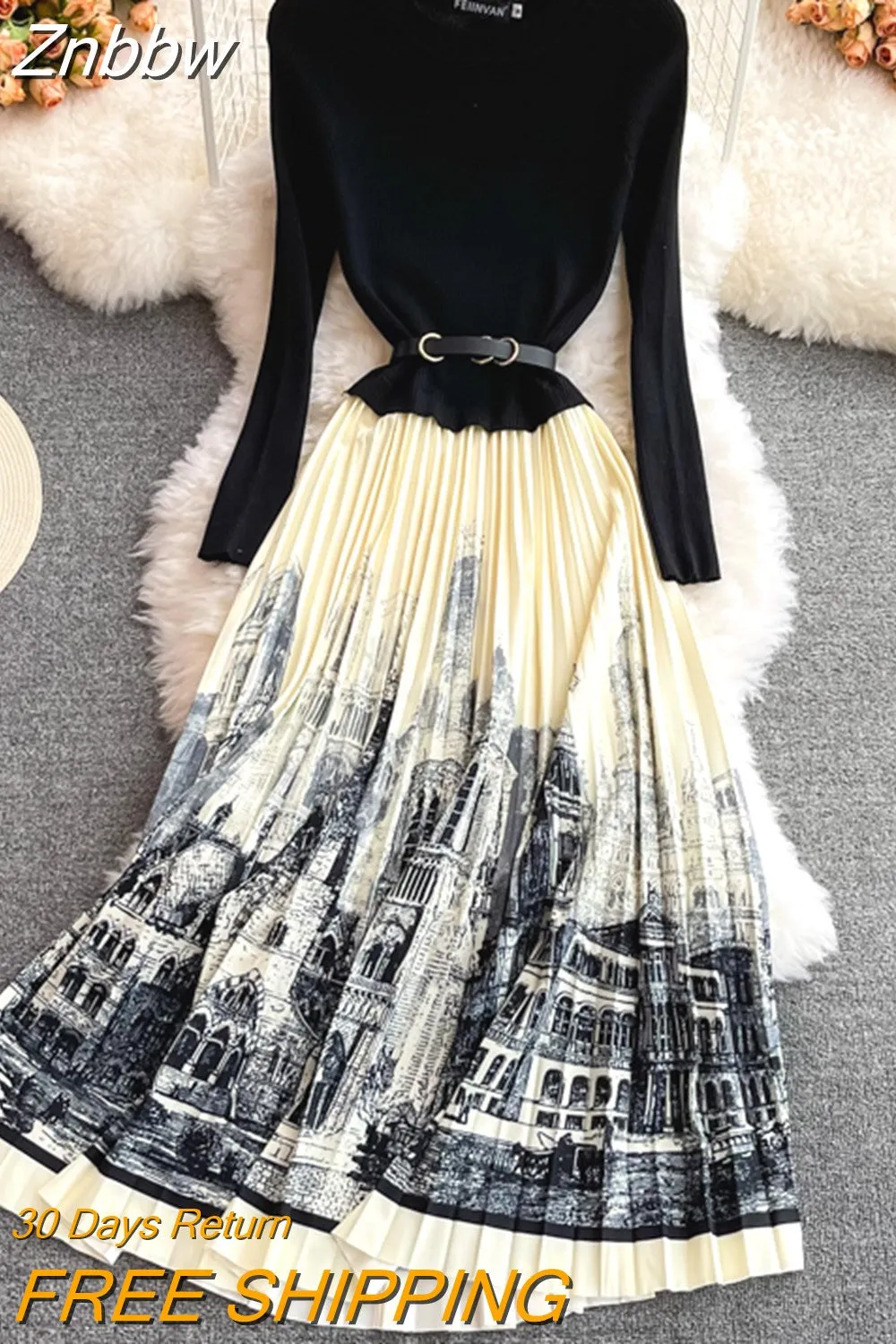 Znbbw 2023 Autumn Elegant Knitted Patchwork Contrast Pleated Dress Women Long Sleeve Office Lady Sweater Midi Dress With Belt - Image 2