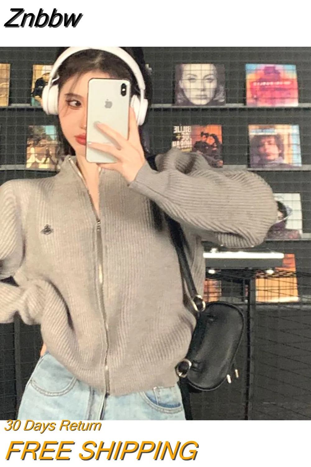 Znbbw Y2K Vintage Gray Cropped Cardigan Women Harajuku Kpop Zip Up Oversized Sweater Streetwear Knitwear Jumper Jackets 2000s - Image 2