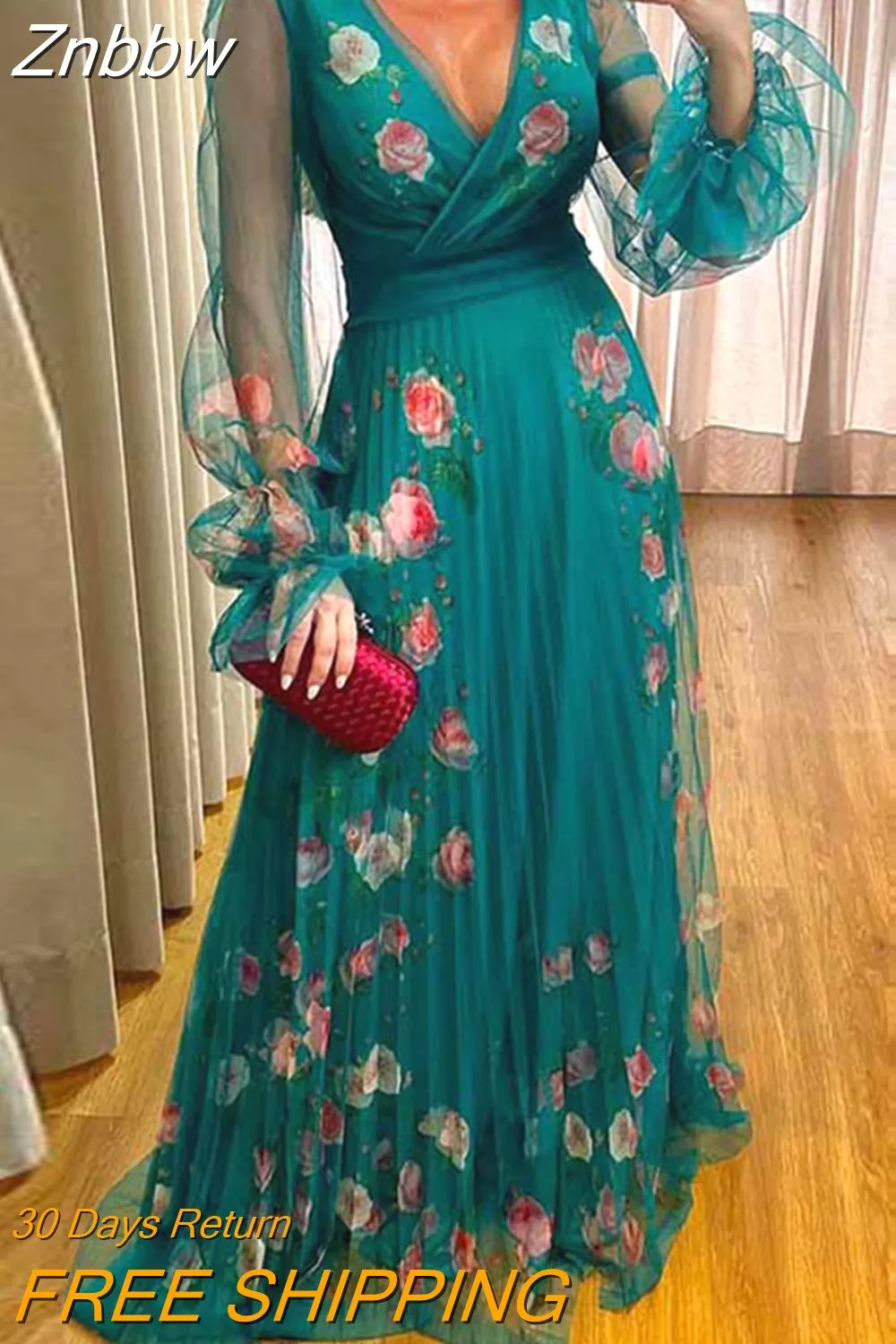 Znbbw Autumn Mesh Long Sleeve Patchwork Party Dress Elegant Flower Print Waist Pleats Dress Women's Fashion V-neck Bohemian Dress - Image 2