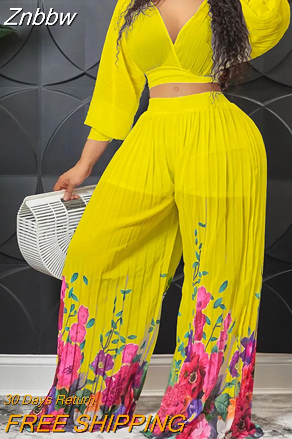 Znbbw Women Print Pleated Wide Leg Pants 2 Piece Sets Solid V-neck Long Sleeves Crop Tops Suits Summer female Floral Vacation Outfits - Image 5