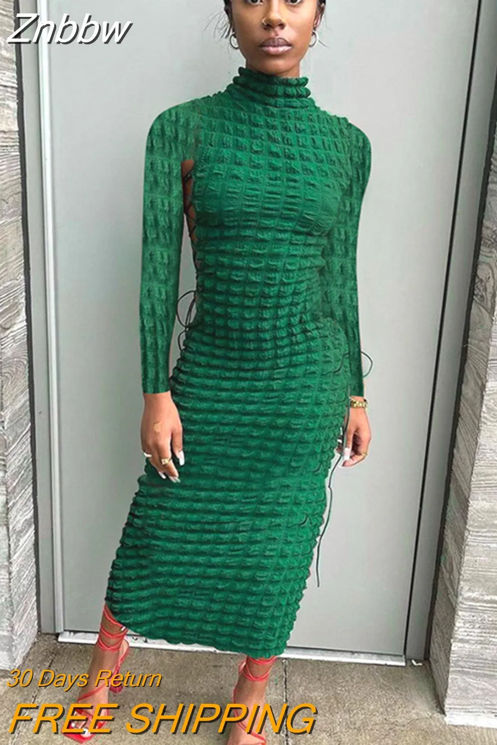 Znbbw Women Fashion Long Sleeve Bodycon Streetwear Green Long Dress 2023 Autumn Fall Clothes Wholesale Items For Business