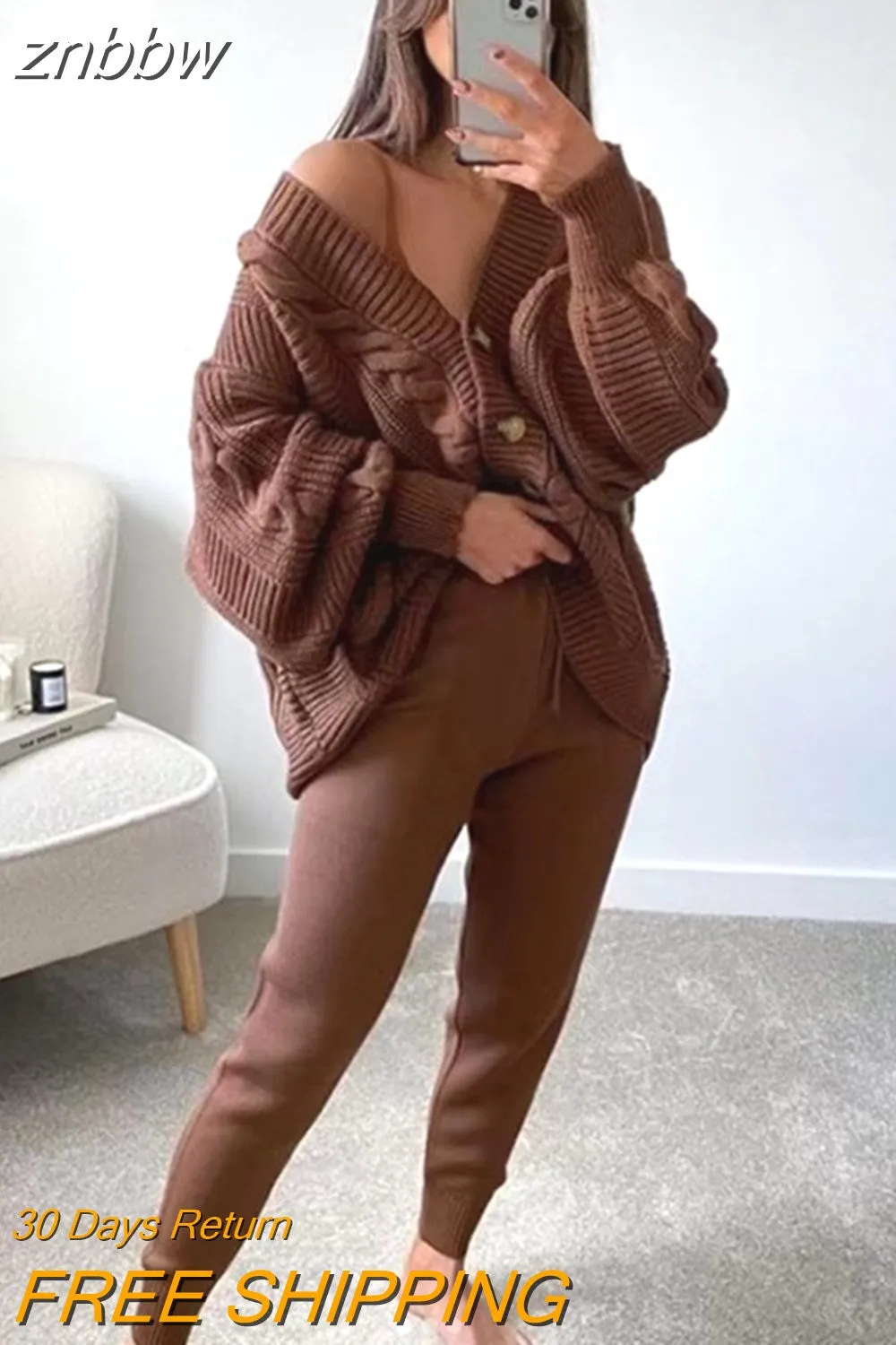 znbbw Women Knitting Two Pieces Sweater Suit Hemp Flower V-Neck Single-Breasted Cardigan + Pants Lady Winter Casual Sweater Set - Image 4