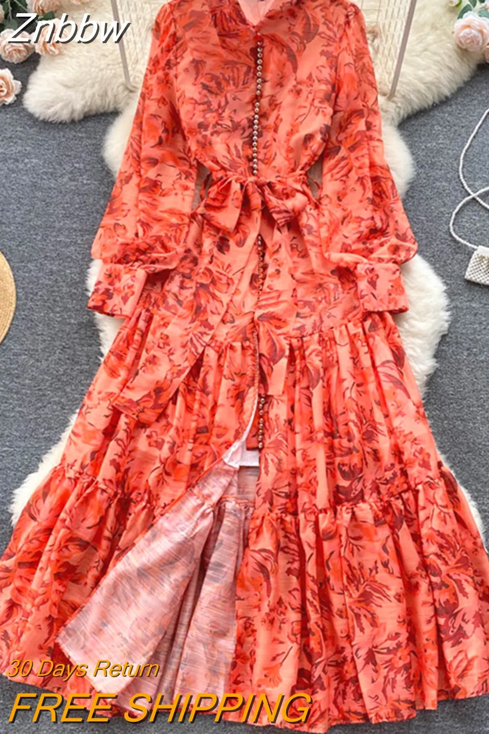 Znbbw Women Spring Summer French Gentle Wind Long-sleeved Dress Early Autumn New Seaside Holiday Waist Thin Split Floral Dress D1725 - Image 4