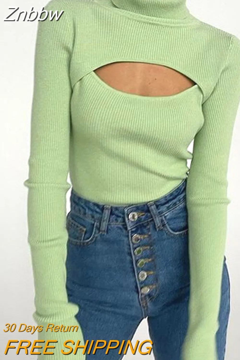 Znbbw Autumn Turtleneck Long Sleeve Hollow Out Slim Knitted Sweaters Women Fashion Sexy Ribber Knitwear Pullover Warm Sweater Top - Image 6