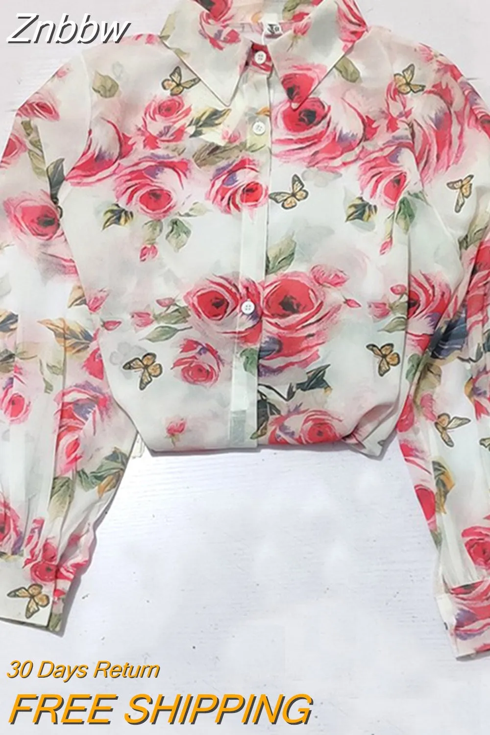 Znbbw Autumn Temperament Fashion Retro Chiffon Floral Blouses Print Loose Lapel Puff Sleeve Top Button Up Shirt Female GD611 - Image 4