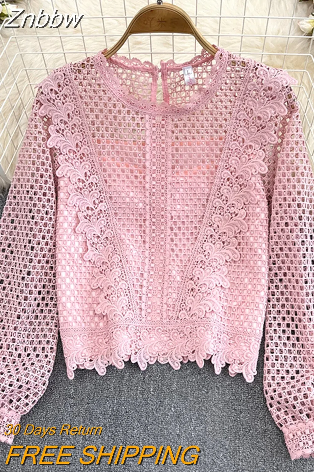 Znbbw Women Autumn Winter Blouse Vintage Round Neck Ruffle Long Sleeve Loose Hook Flower Cut Out Water-soluble Lace Shirt D2062 - Image 6