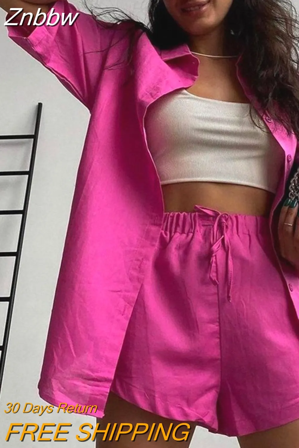 Znbbw Women Tracksuits Shirt Shorts Two Piece Sets Long Sleeve Blouse And Mini Shorts Suits Summer Casual Fashion Loose Female Outfits - Image 8