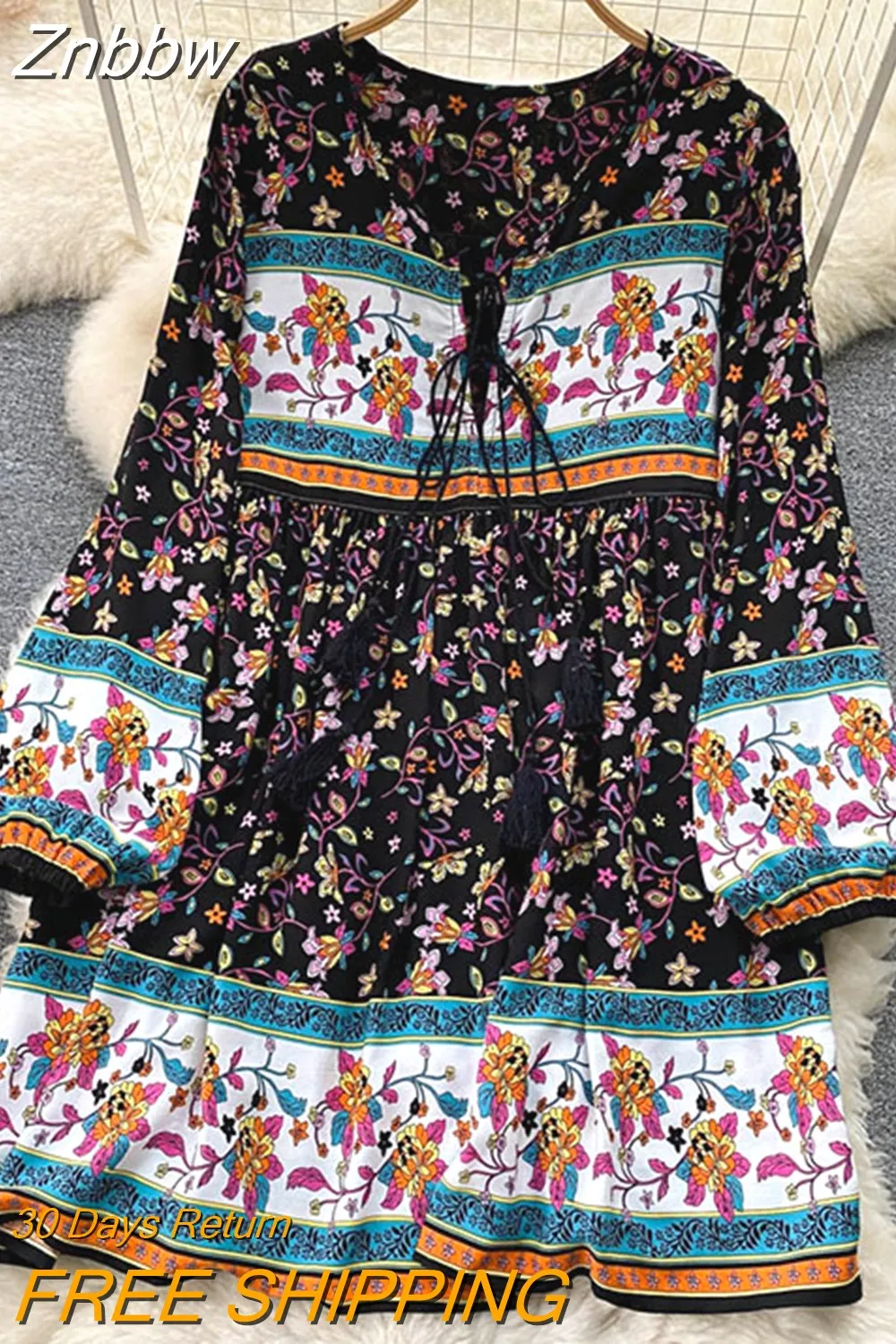 Znbbw Autumn Women's Travel Holiday indie Style Dress New Sweet Loose Thin Printed Long-sleeved Mid-length Dress GD647 - Image 5