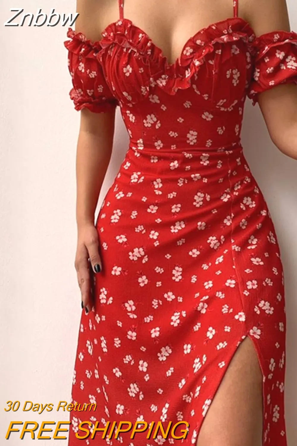 Znbbw New Summer Elegant Casual Floral Print Off Shoulder Split Dress Women Short Sleeve Slim Midi Dress for Club Party Holiday