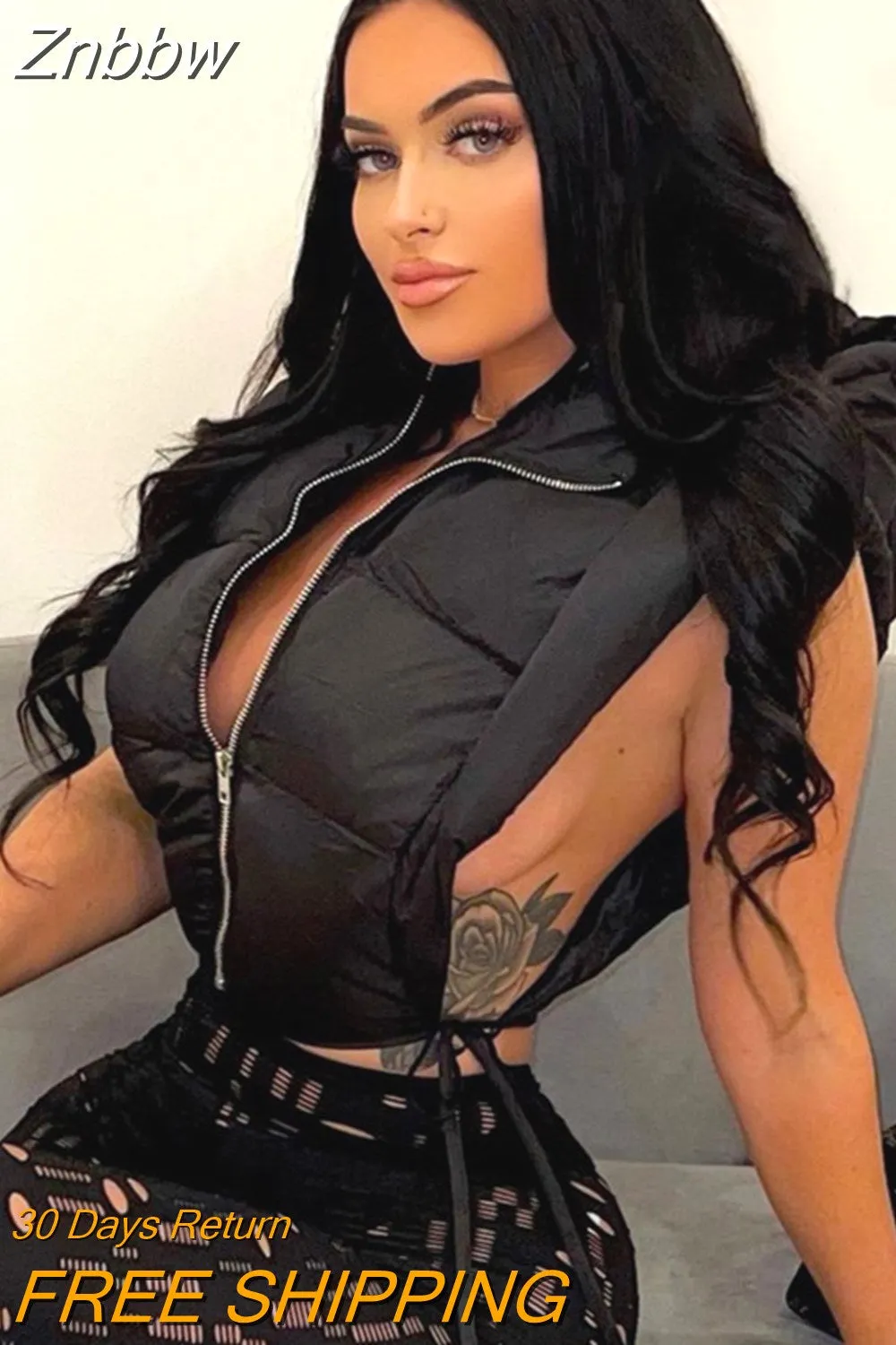 Znbbw Solid Hooded Cut Out Side Cropped Puffer Vest Top 2023 Womens Fashion Quilted Coats and Jacket Winter Sleeveless Vests - Image 5