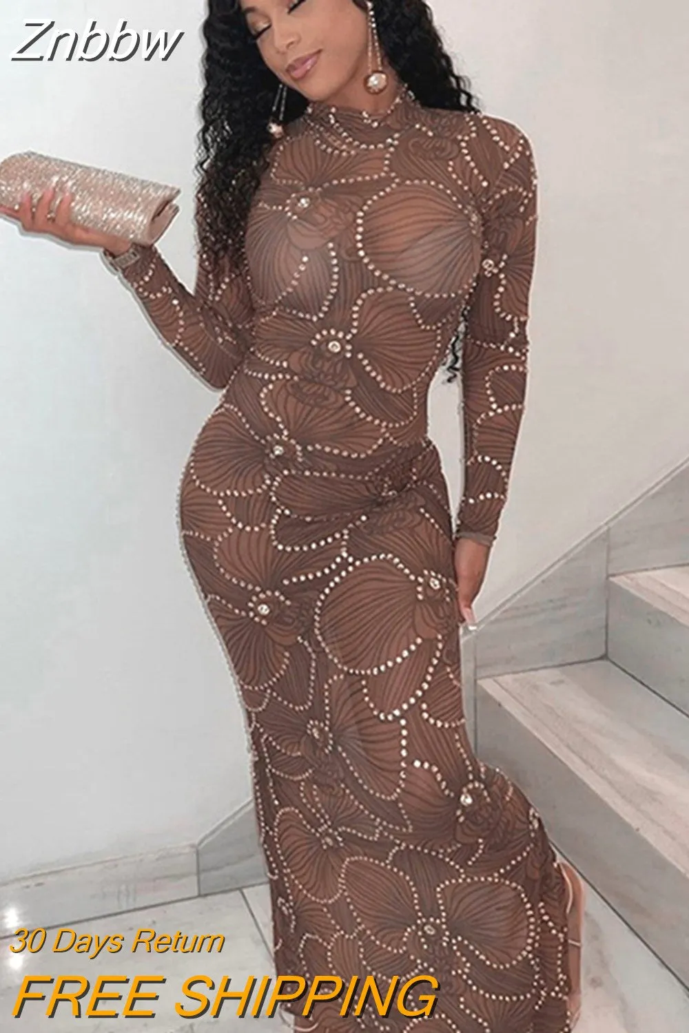 Znbbw Prom Celebrity Party Dresses Sparkly Squined Mesh Transparent Bodycon Long Dress Women Crystals Singer Stage Wear