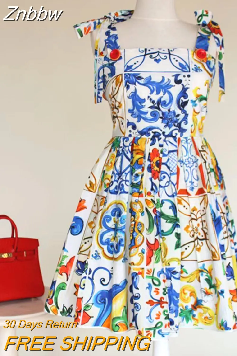 Znbbw 2023 HOT Summer Runway Boho Dress Women's Bow Spaghetti Strap Backless Blue and White Porcelain Floral Print Mini Dress 0410 - Image 4