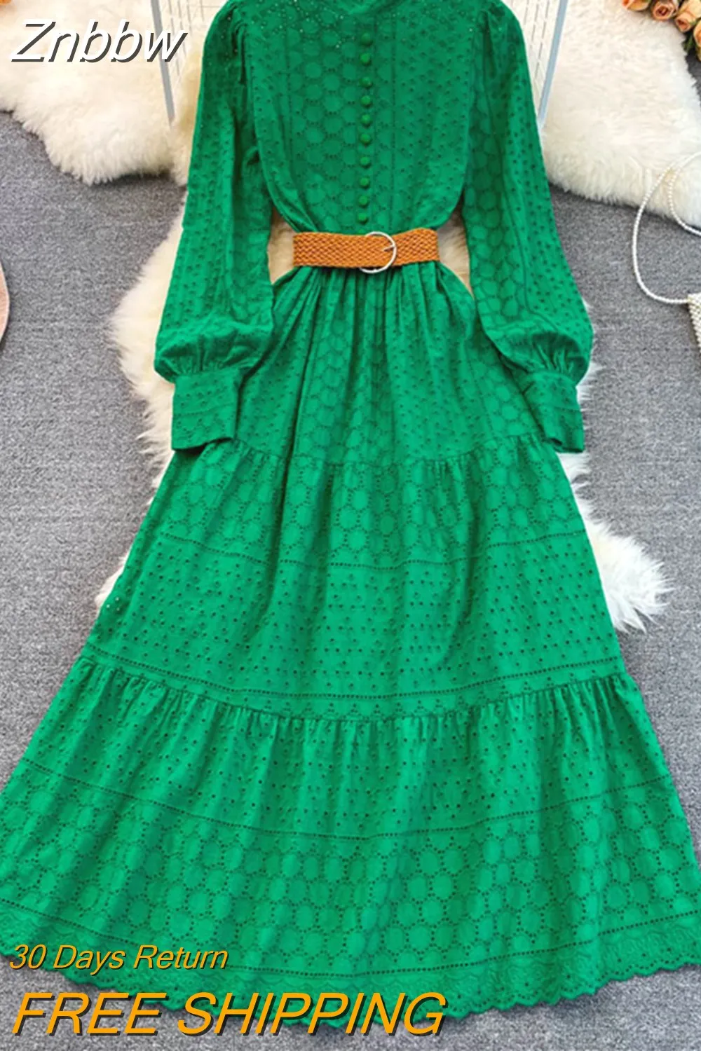 Znbbw 2023 Spring Embroidery Long Dress Women White Black Green Hollow Out Single Breasted Long Sleeve Ladies Party Dress
