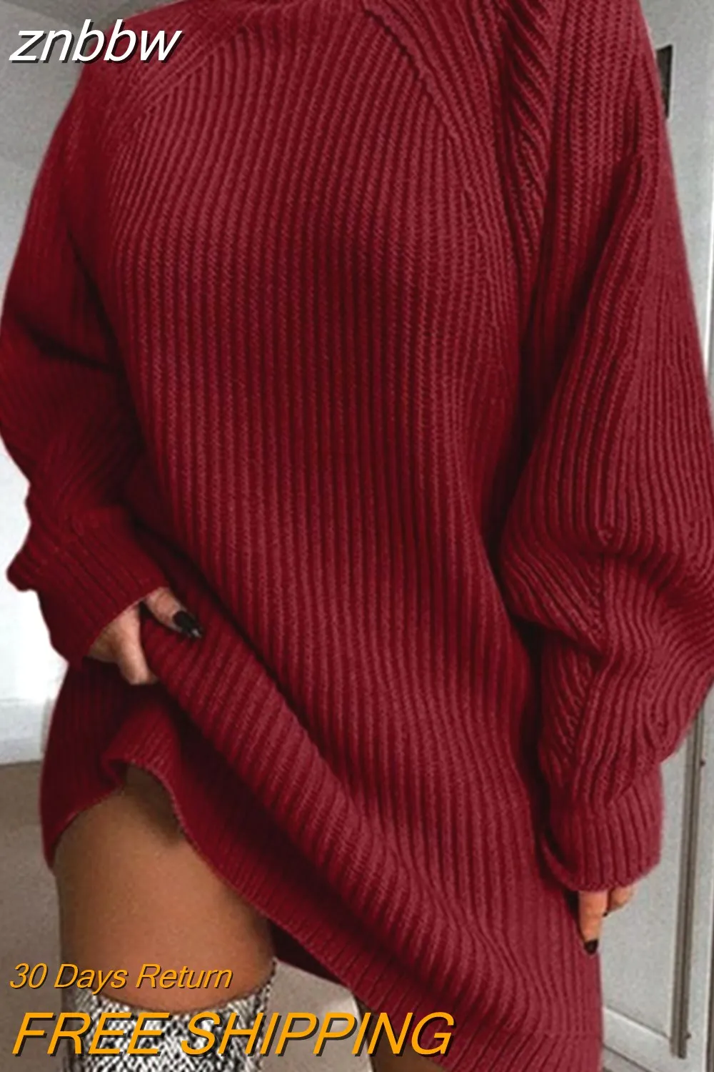 znbbw Women Turtleneck Oversized Knitted Dress Autumn Solid Long Sleeve Casual Elegant Mini Sweater Dress Winter Pullover Clothes - Image 4