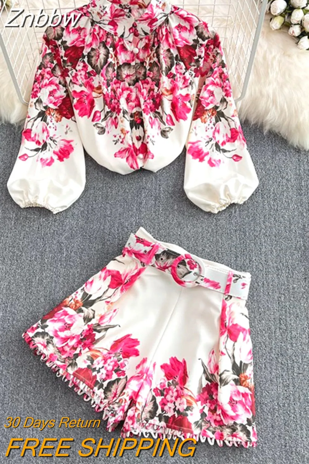 Znbbw Fashion Spring Runway 2 Piece Sets For Women Turn Down Collar Floral Print Blouse And Shorts Suit Office Lady Outfits