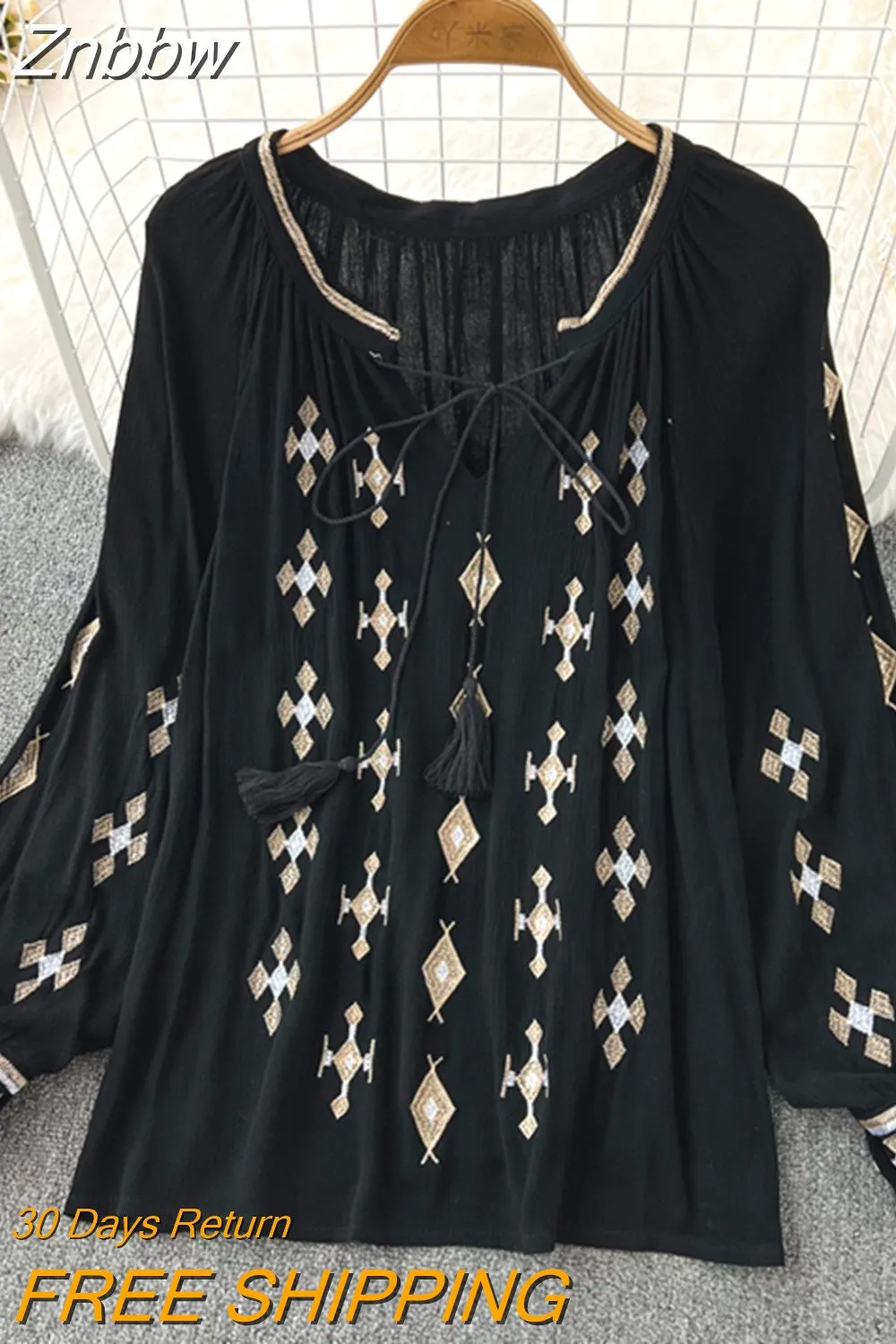 Znbbw Versatile Embroidery Shirt Women's Spring Autumn 2023New V-Neck Long Sleeve Bohemian Loose Blouse Womens Tops G06 - Image 11