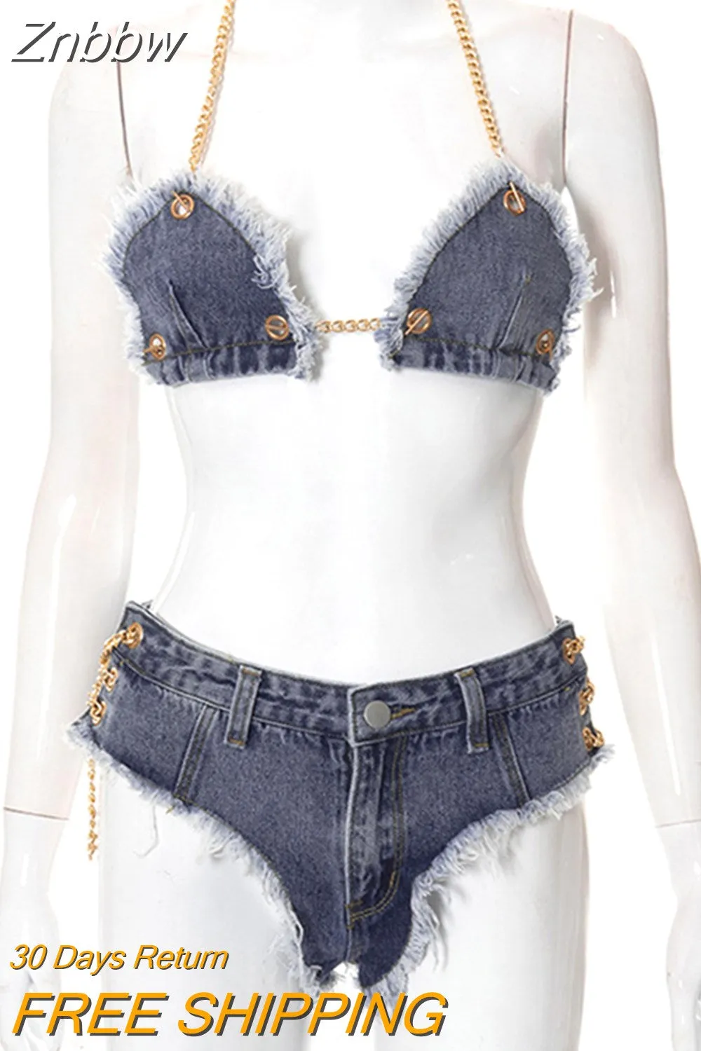 Znbbw Piece Set Women Denim Outfits Sexy Chain Halter Bra+Low Rise Tassel Mini Shorts 2023 Summer Punk Grunge Clothes - Image 4