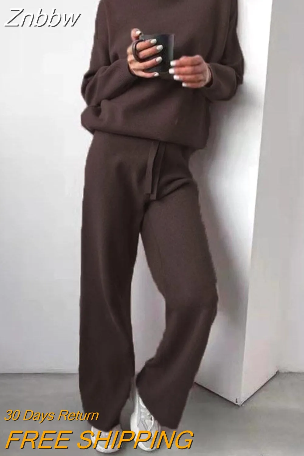 Znbbw Women Knitted Two Piece Set 2023 Autumn Solid Color Long Sleeve Turtleneck Sweater Casual Wide-Leg Straight Pant Loose Tracksuit - Image 7