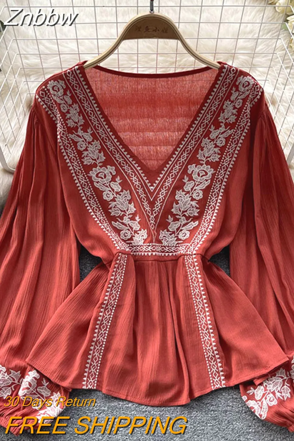 Znbbw Women Spring Summer Blouse French Minority Ruffle V-neck Lantern Sleeve Shirt Design Sense Printed Chic Temperament Top D2531 - Image 5