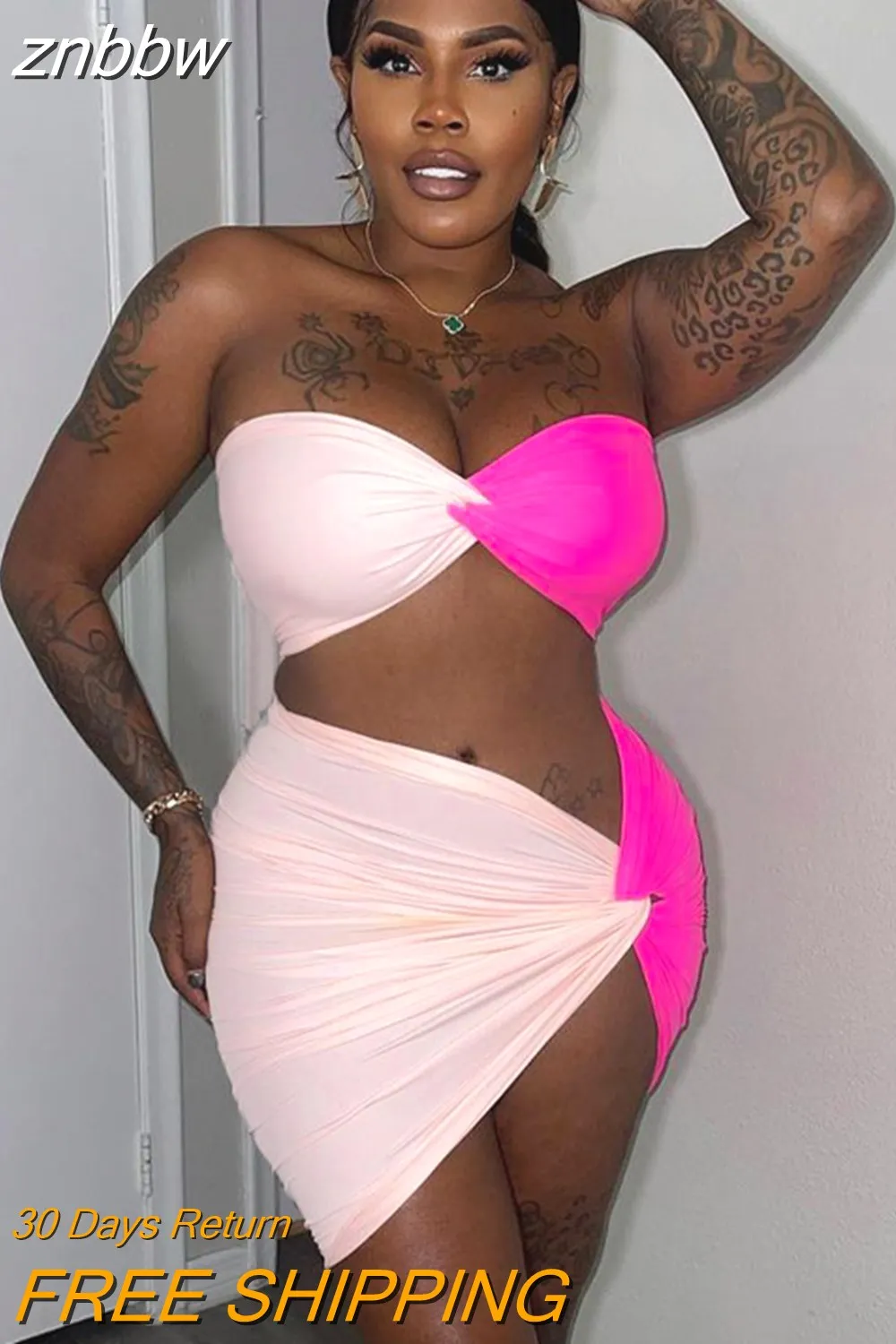 znbbw Backless Sexy Pink Patchwork Two Piece Sets Summer For Women Black Off Shoulder Bodycon Skirt Sets Beach Praty Skirt Set - Image 2