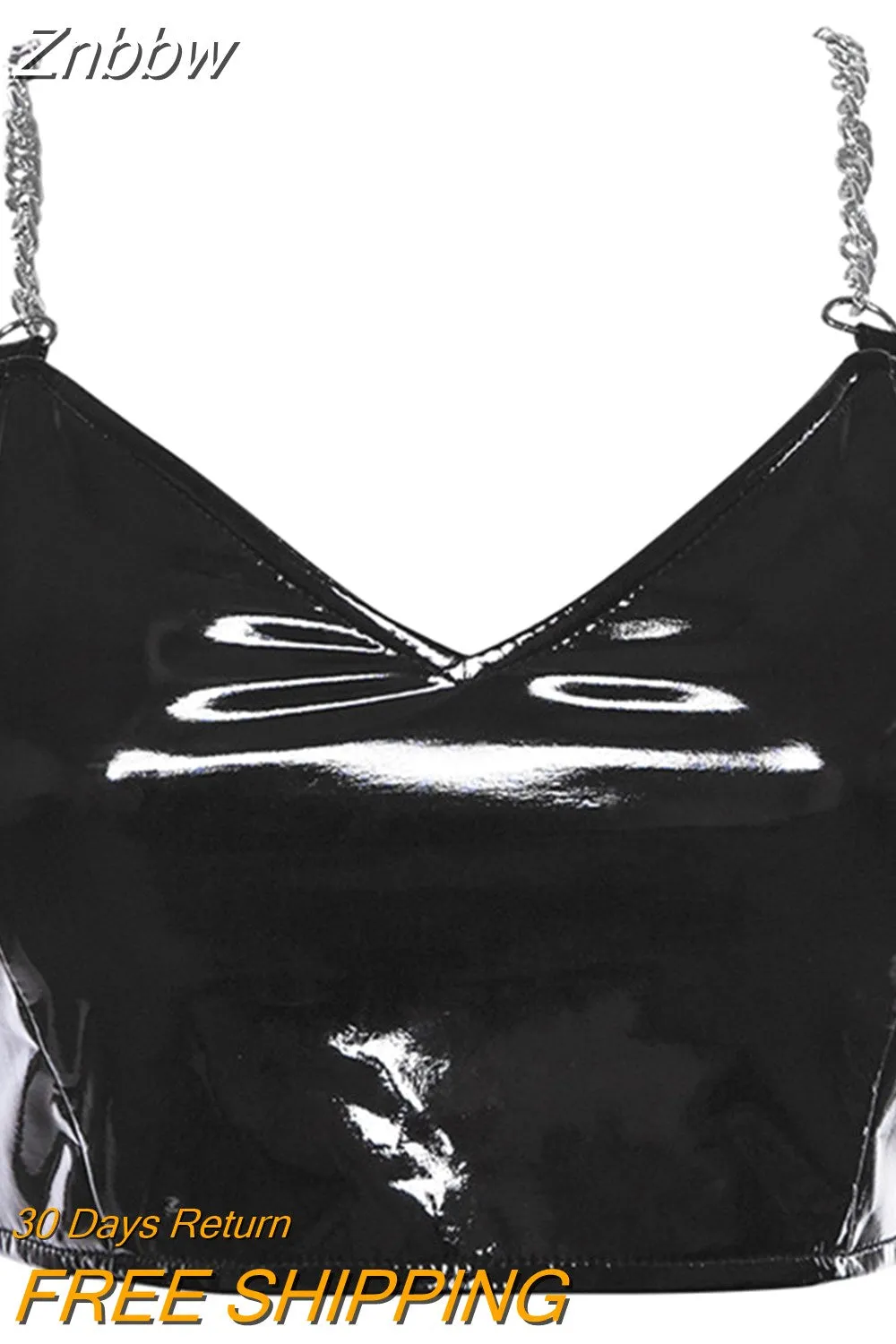 Znbbw women sexy v-neck PU leather metal chain strap crop camis 2023 new fashion sexy female spangly PU back zipper tees tops - Image 2