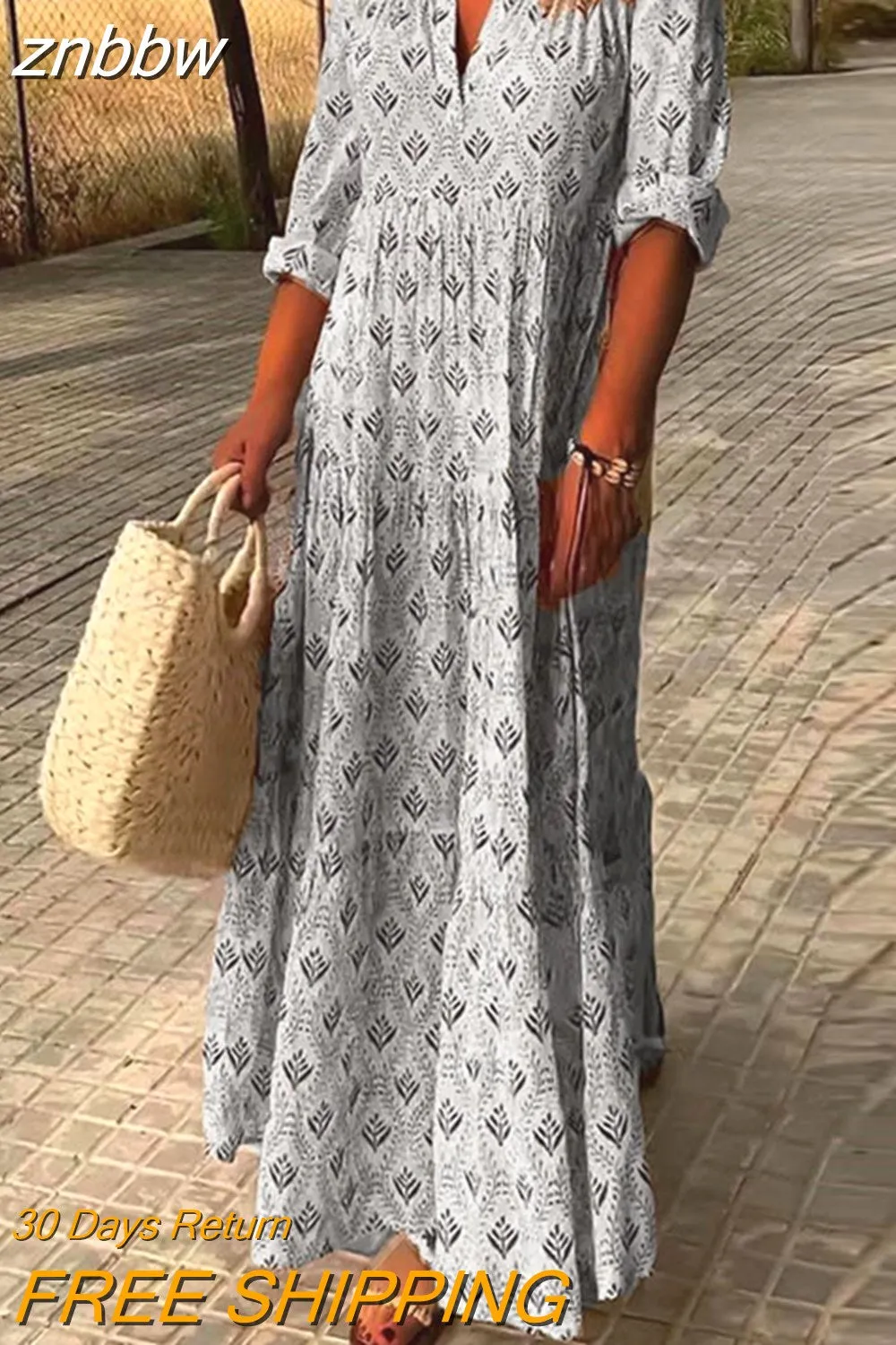 znbbw Women Long Sleeve Boho Pattern Maxi Dress Female Harajuku Fashion Pleat Dresses Vintage Casual Oversized Print Streetwear Dress - Image 3