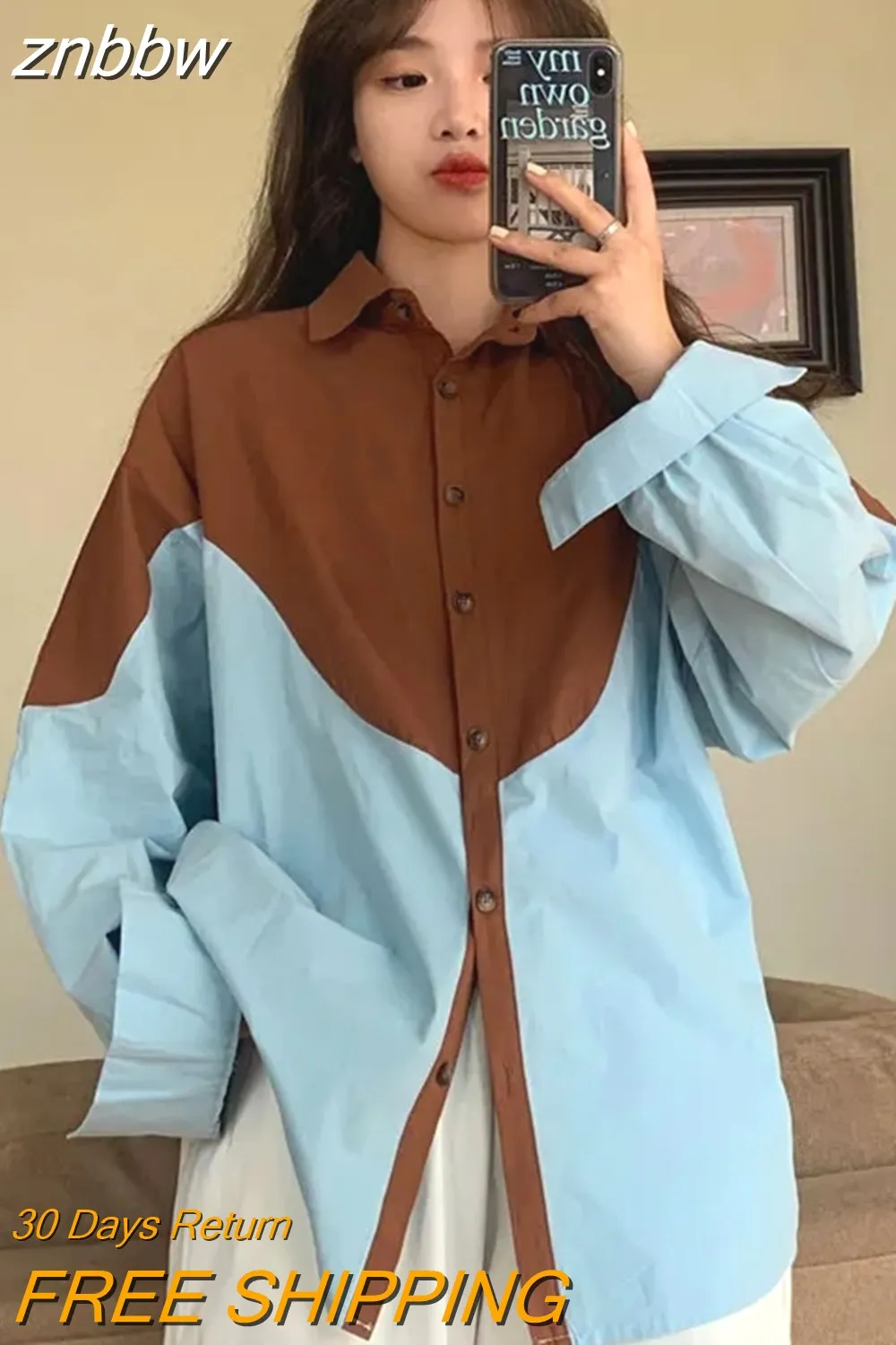znbbw 2023 Summer Streetwear Oversize Patwork Long Sleeve Shirt Women Y2K Button Up Loose Ladies Shirts Tops Drop Shipping - Image 3